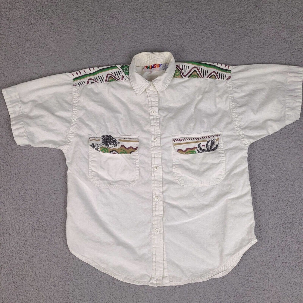 Vintage Thums Up Shirt Womens Small White Button Up Colorful Accents Collared